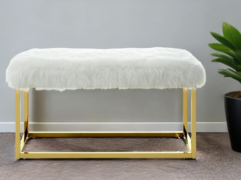 Home Outfitters 40" White And Gold Upholstered Faux Fur Bench