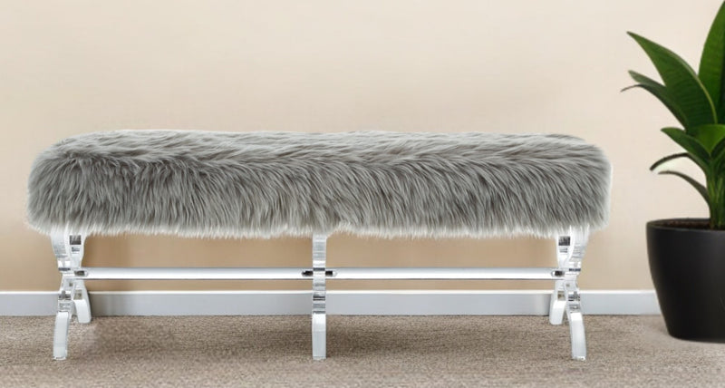 Home Outfitters 48" Gray And Clear Upholstered Faux Fur Bench