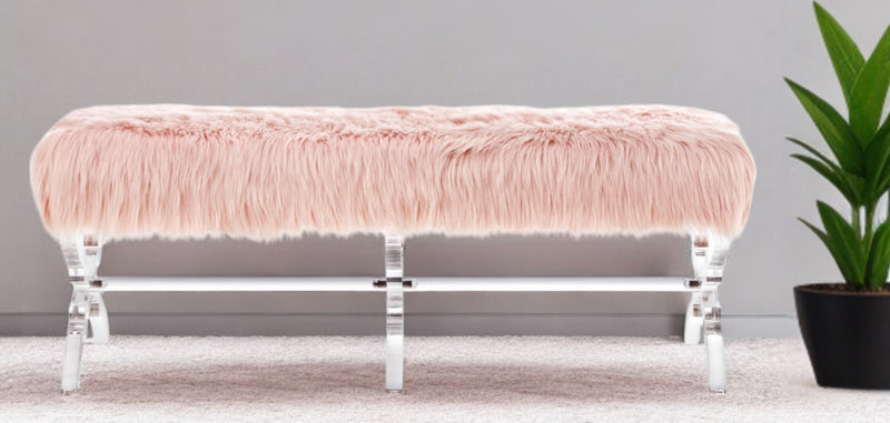 Home Outfitters 48" Rose And Clear Upholstered Faux Fur Bench