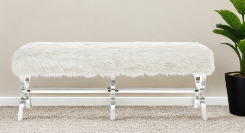 Home Outfitters 48" Cream And Clear Upholstered Faux Fur Bench