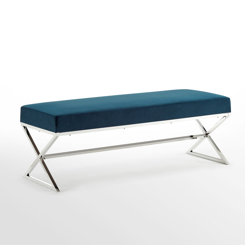 Home Outfitters 48" Navy Blue And Silver Upholstered Velvet Bench