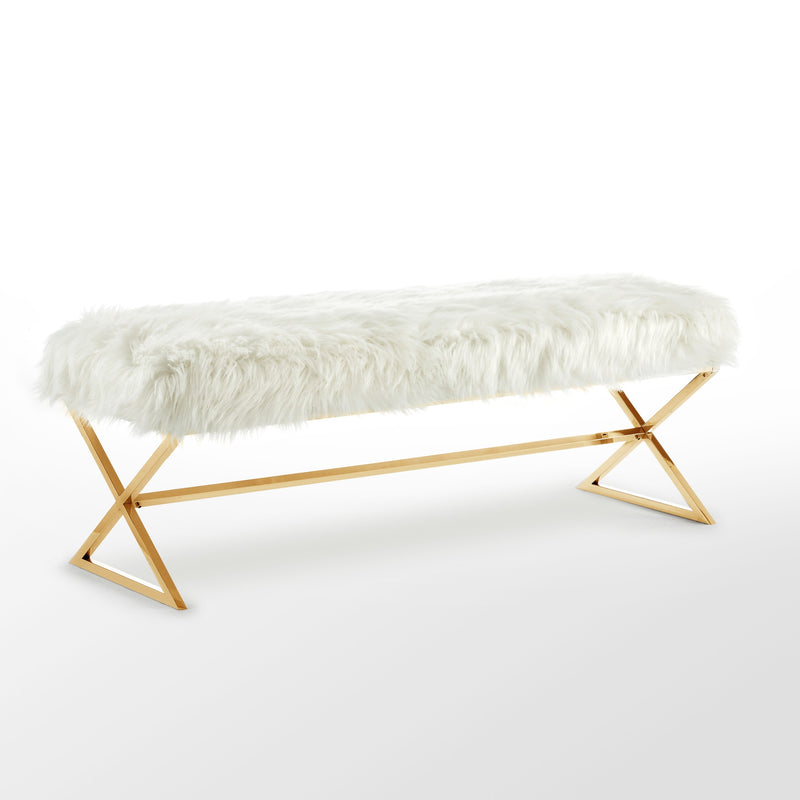 Home Outfitters 48" White And Gold Upholstered Faux Fur Bench