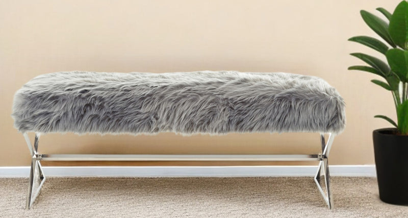 Home Outfitters 48" Gray And Silver Upholstered Faux Fur Bench