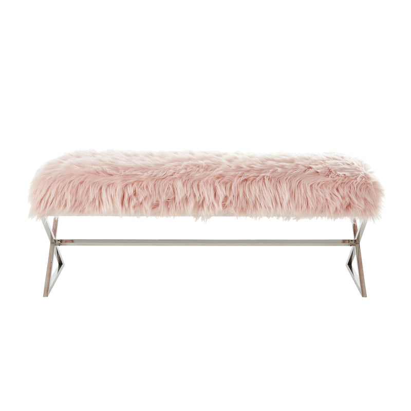 Home Outfitters 48" Rose And Silver Upholstered Faux Fur Bench