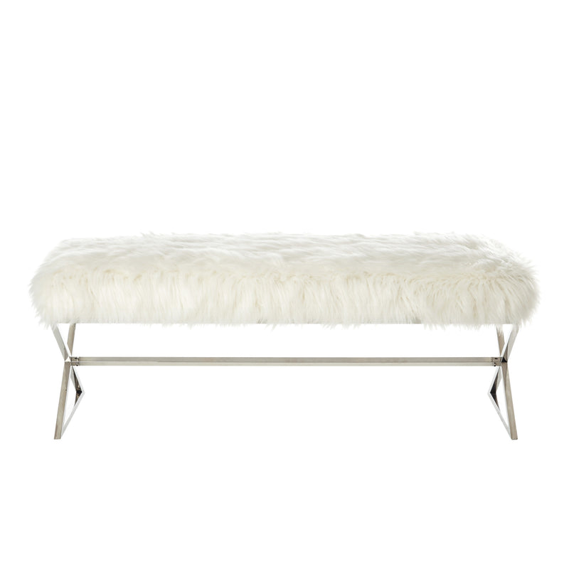 Home Outfitters 48" White And Silver Upholstered Faux Fur Bench