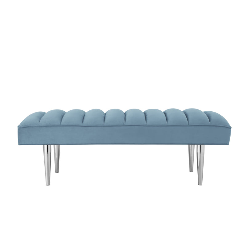 Home Outfitters 53" Blue And Silver Upholstered Velvet Bench