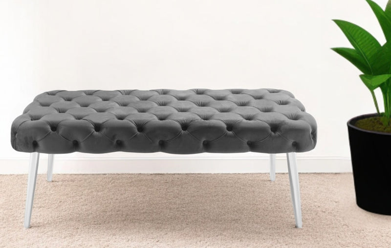 Home Outfitters 48" Gray And Silver Upholstered Velvet Bench