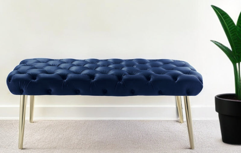 Home Outfitters 48" Navy Blue And Gold Upholstered Velvet Bench