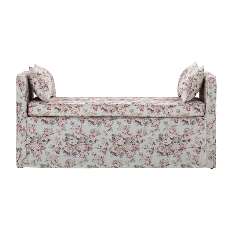 Home Outfitters 53" White and Red Upholstered Linen Floral Bench