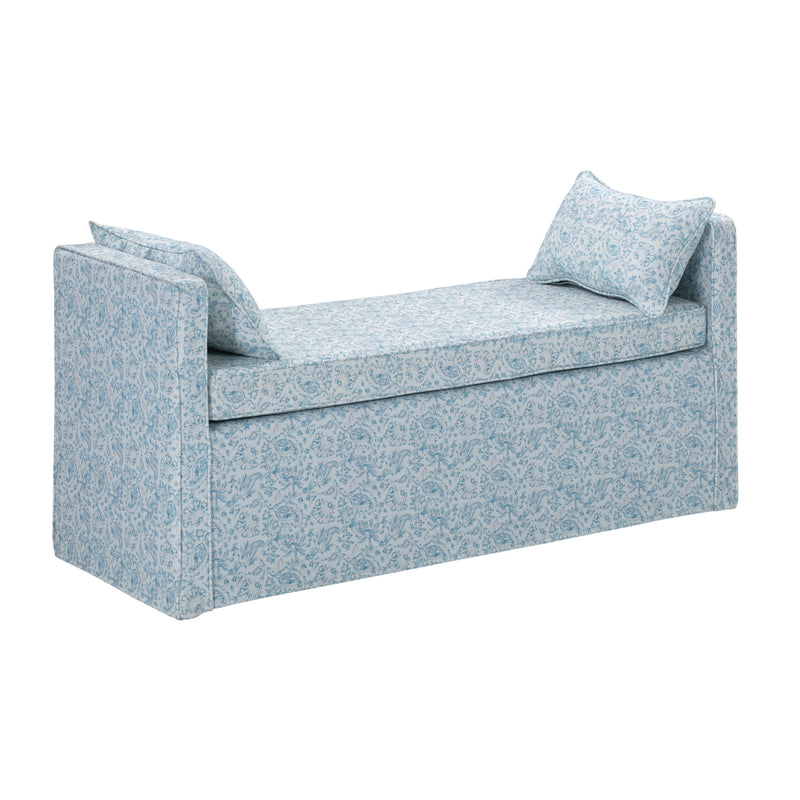 Home Outfitters 53" Blue And Black Upholstered Linen Floral Bench