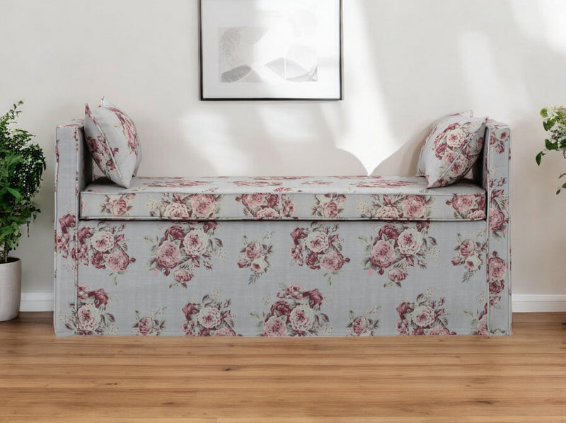 Home Outfitters 53" Light Gray And Black Upholstered Linen Floral Bench