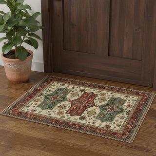 Home Outfitters 2' X 3' Brick Red Orange Rust Beige Gold Pale Blue Olive Navy And Black Oriental Power Loom Stain