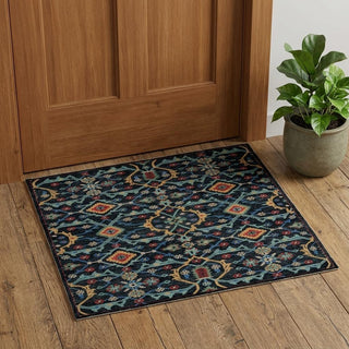 Home Outfitters 2' X 3' Blue Yellow And Red Wool Floral Hand Knotted Distressed Stain Resistant Area Rug With Fringe