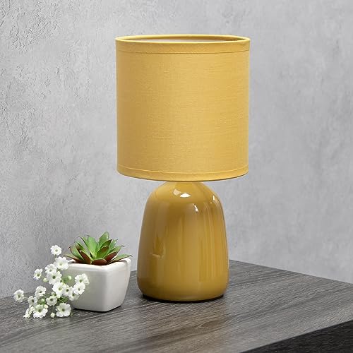 Simple Designs LT1134-MST 10.04" Tall Traditional Ceramic Thimble Base Bedside Table Desk Lamp w Matching Fabric Shade for Decor, Nightstand, Bedroom, Living Room, Entryway, Office, Mustard Yellow