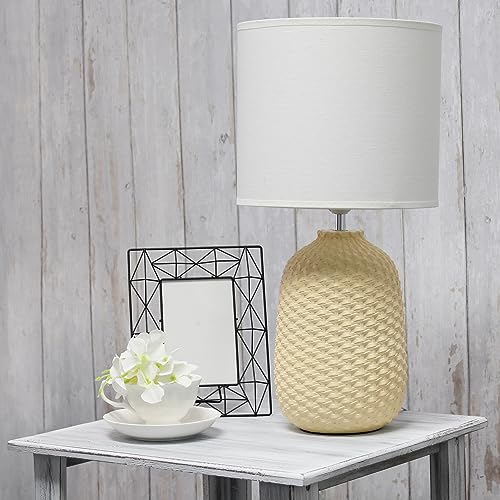 Simple Designs LT1135-YLW 20.4" Tall Traditional Ceramic Purled Texture Bedside Table Desk Lamp w White Fabric Drum Shade for Home Decor, Bedroom, Living Room, Entryway, Office, Yellow