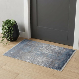 Home Outfitters 2' X 3' Blue and Gray Abstract Power Loom Distressed Area Rug With Fringe