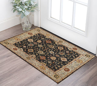 Home Outfitters 2' X 3' Black and Gold Wool Floral Hand Knotted Area Rug With Fringe