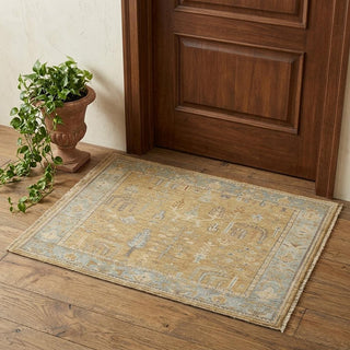 Home Outfitters 2' X 3' Gold Blue And Gray Wool Floral Hand Knotted Stain Resistant Area Rug With Fringe