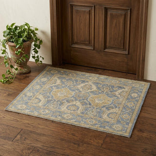 Home Outfitters 2' X 3' Blue and Gold Wool Floral Hand Knotted Area Rug With Fringe