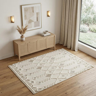 Home Outfitters 4' X 6' Ivory Tan And Silver Wool Geometric Tufted Handmade Stain Resistant Area Rug