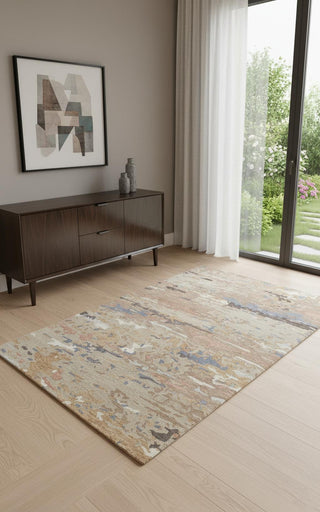 Home Outfitters 4' X 6' Tan And Blue Wool Abstract Tufted Handmade Stain Resistant Area Rug