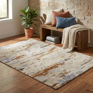 Home Outfitters 4' X 6' Ivory Blue And Brown Wool Abstract Tufted Handmade Stain Resistant Area Rug