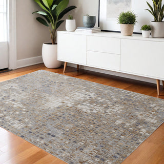 Home Outfitters 4' X 6' Tan Ivory And Blue Geometric Power Loom Distressed Area Rug