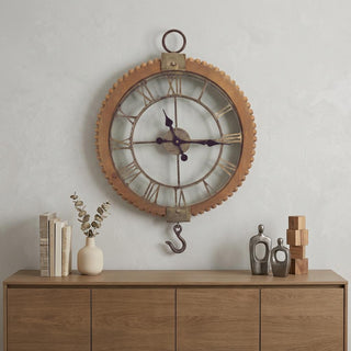  22" Natural Solid Wood and Metal Analog Round Wall Clock - front product view
