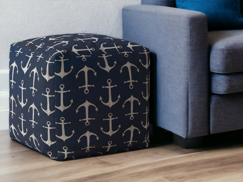 Home Outfitters 17" Blue and Gray Twill Anchor Pouf Ottoman