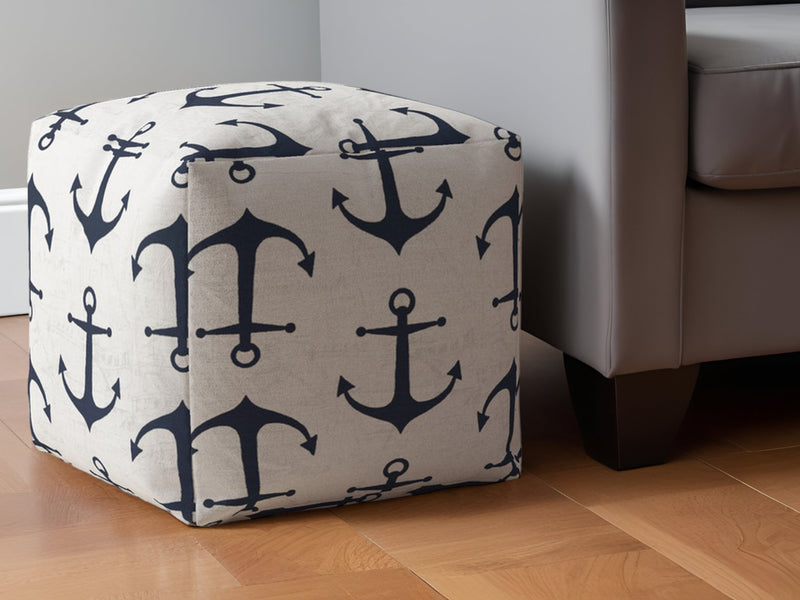 Home Outfitters 17" Blue and Gray Canvas Anchor Pouf Ottoman