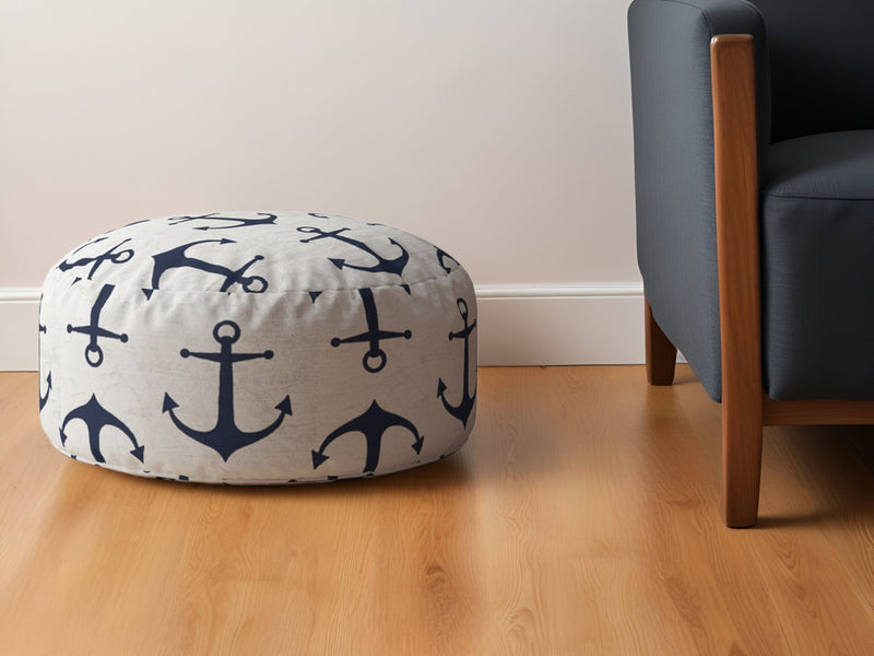 Home Outfitters 24" Blue and Gray Canvas Round Anchor Pouf Ottoman