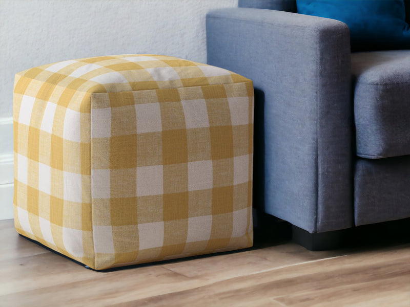 Home Outfitters 17" Yellow and White Canvas Gingham Pouf Ottoman