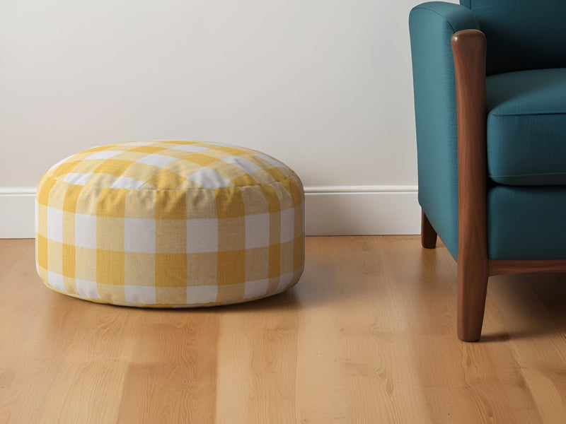 Home Outfitters 24" Yellow and White Canvas Round Gingham Pouf Ottoman