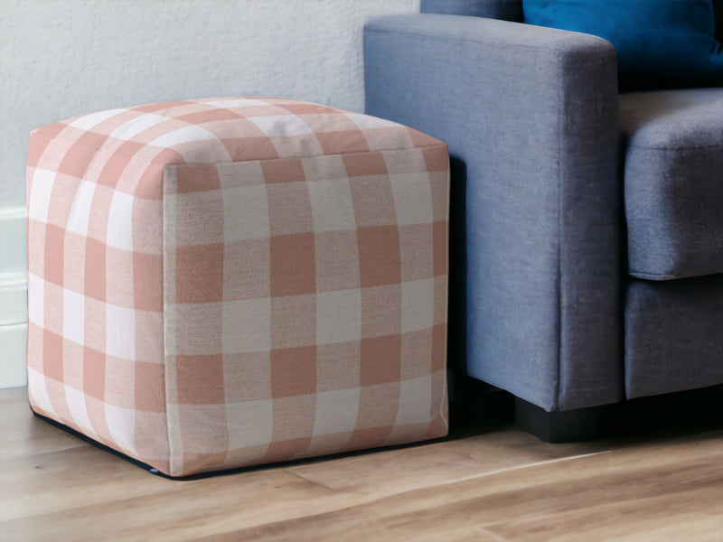 Home Outfitters 17" Pink and White Cotton Gingham Pouf Ottoman