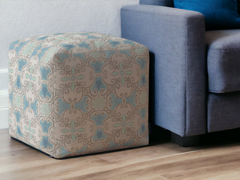 Home Outfitters 17" Blue Cotton Ikat Pouf Ottoman