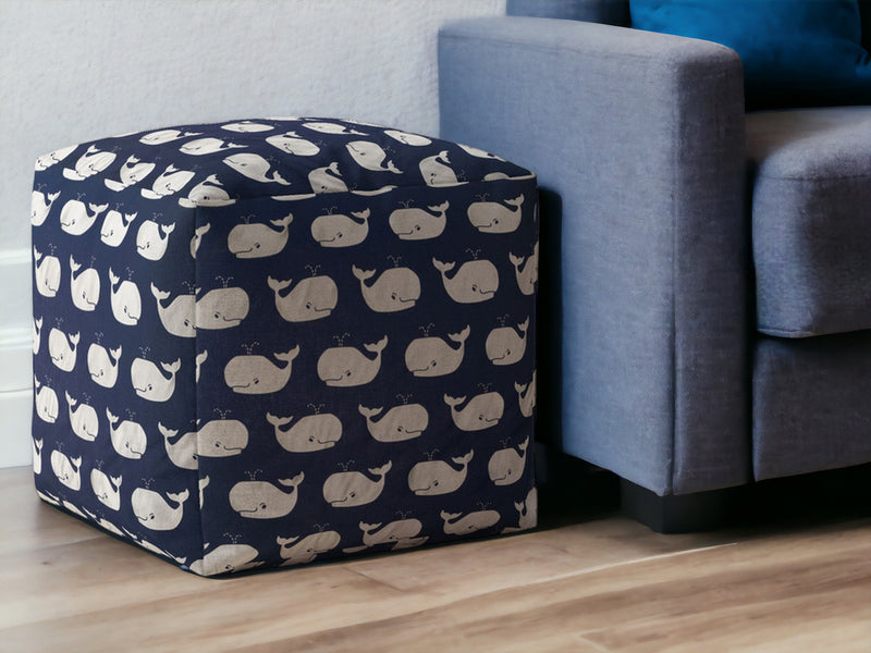 Home Outfitters 17" Blue and White Twill Animal Print Pouf Ottoman