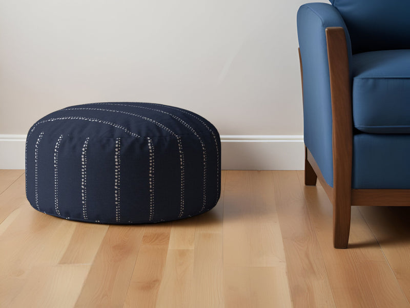 Home Outfitters 24" Blue Cotton Round Striped Pouf Ottoman