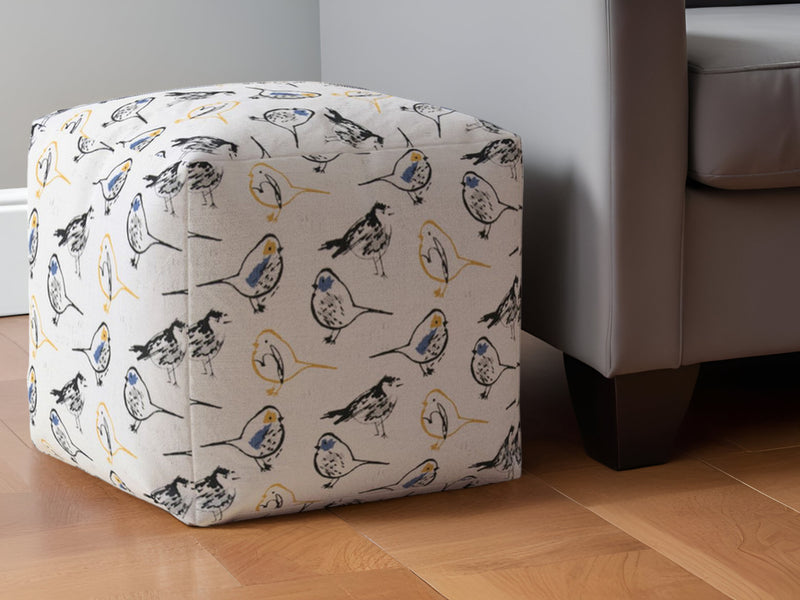 Home Outfitters 17" Yellow and White Canvas Birds Pouf Ottoman