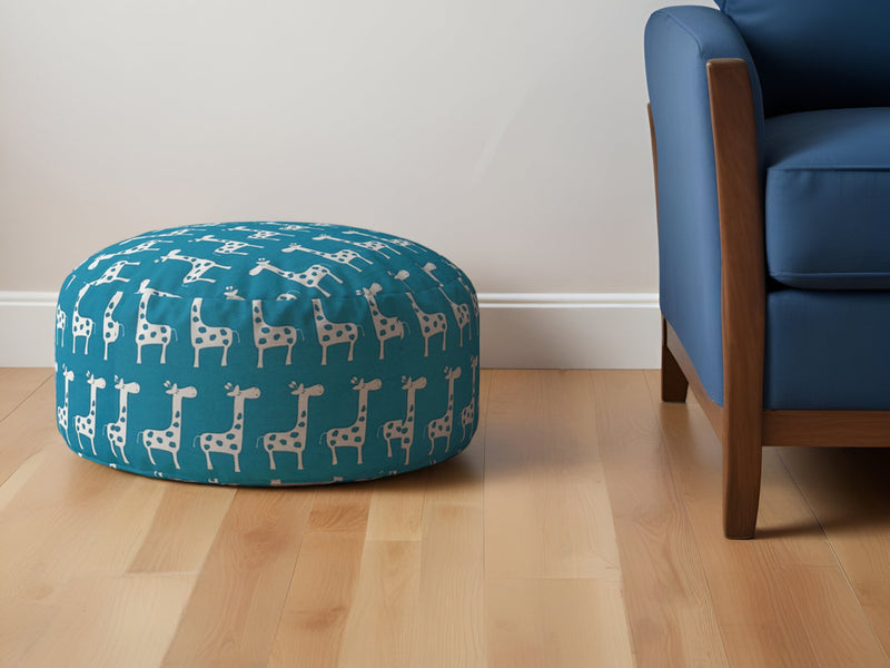 Home Outfitters 24" Blue and White Cotton Round Giraffe Pouf Ottoman