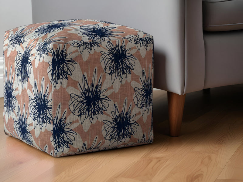 Home Outfitters 17" Pink and Blue Canvas Floral Pouf Ottoman