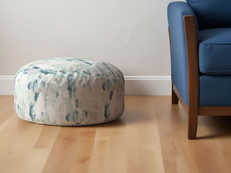 Home Outfitters 24" Blue and White Canvas Round Abstract Pouf Ottoman