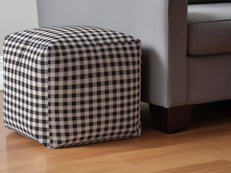 Home Outfitters 17" Gray and Black Cotton Gingham Pouf Ottoman