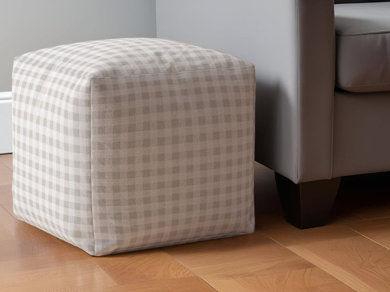 Home Outfitters 17" Gray Cotton Gingham Pouf Ottoman