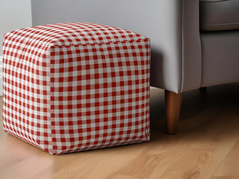 Home Outfitters 17" Red and White Cotton Gingham Pouf Ottoman