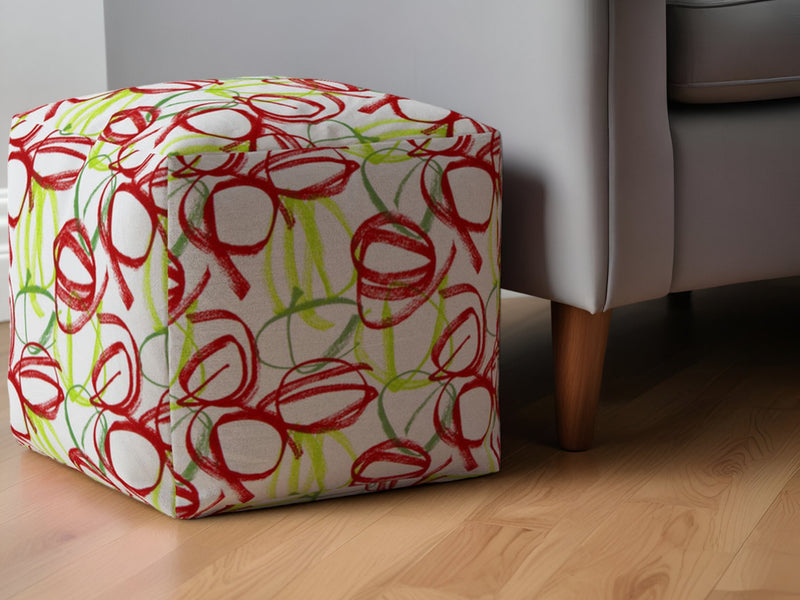 Home Outfitters 17" Red and White Cotton Abstract Pouf Ottoman