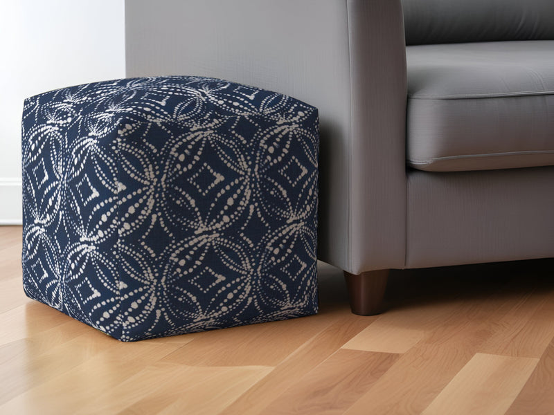 Home Outfitters 17" Blue and White Canvas Damask Pouf Ottoman