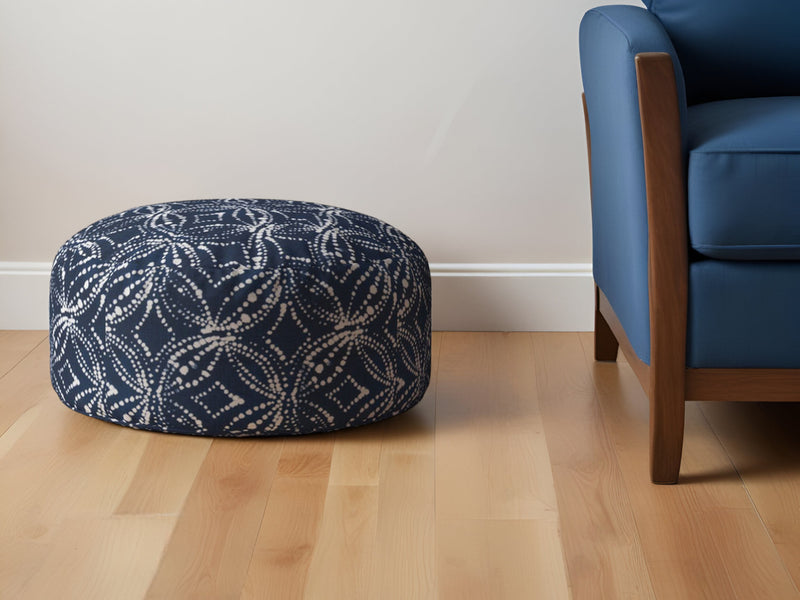 Home Outfitters 24" Blue and White Canvas Round Damask Pouf Ottoman