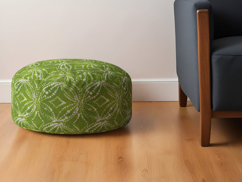 Home Outfitters 24" Green and White Cotton Round Damask Pouf Ottoman