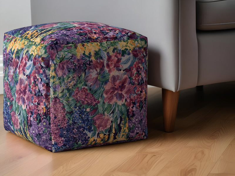 Home Outfitters 17" Green Cotton Floral Pouf Ottoman