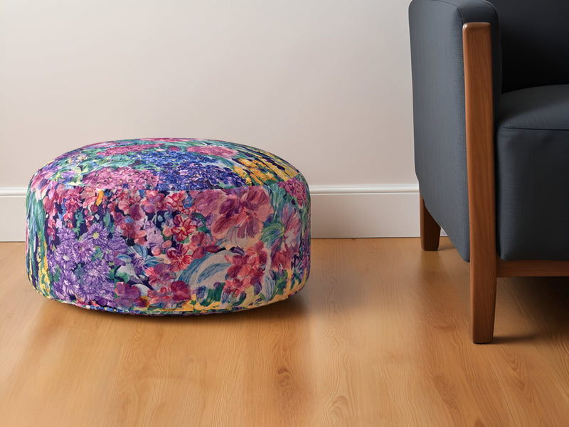 Home Outfitters 24" Green Cotton Round Floral Pouf Ottoman